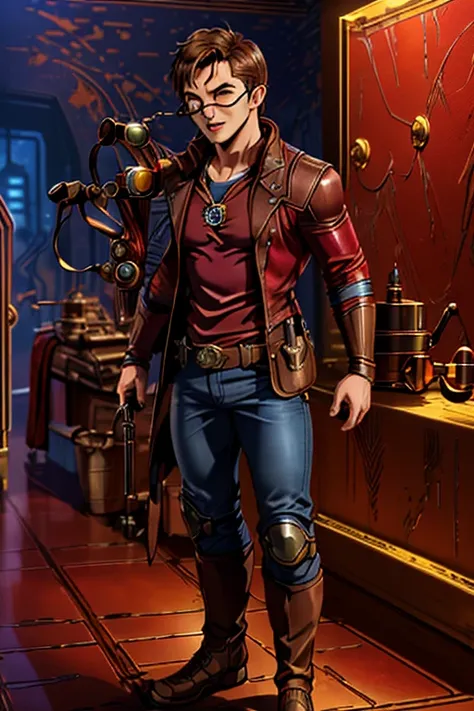 (photorealistic), (dramatic), (fantasy render), concept art, (full torso), (3/4 view:1.17), star lord steampunk style, ((peter q...