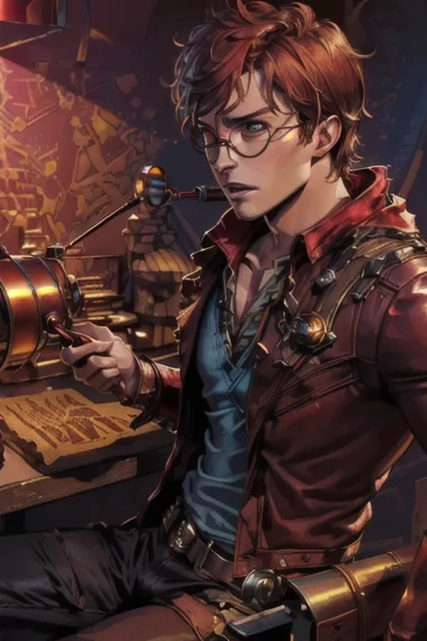 (photorealistic), (dramatic), (fantasy render), concept art, (full torso), (3/4 view:1.17), Star Lord steampunk style, ((Peter Quill|Chris Pratt)), brass:0.9, metals, gears, intricate, weathered, (red leathers:1.33), ((red lens spectacles:1.35)), realistic...