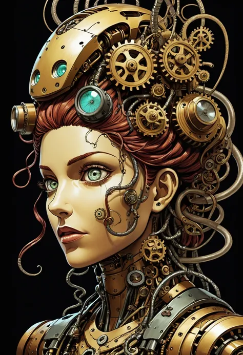 mechanical creature, medusa, mechanical snakes on head, mechanical medusa, splash page decompressed comic cover art, joelle jone...