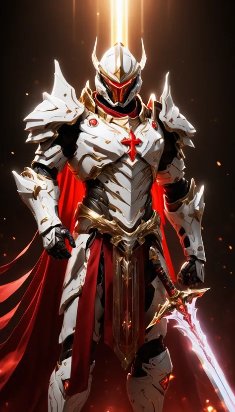 masterpieces, male, holy white knight, (white armor) action style shot, glowing red colored christian cross on chest made of a l...