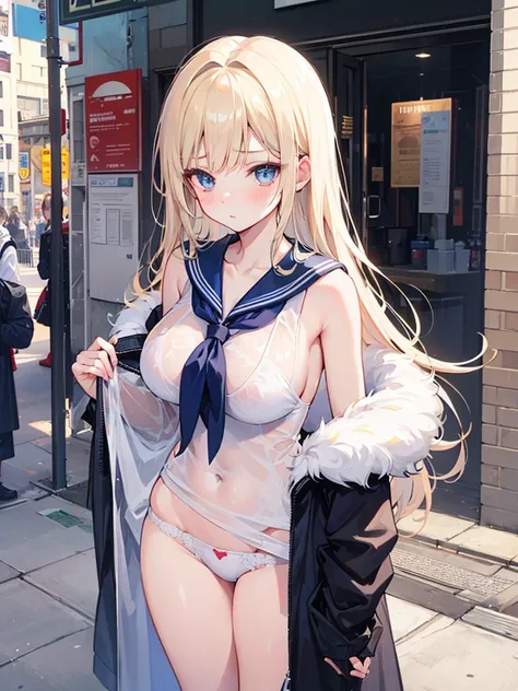 A woman with big ，Beautiful bride，Light blond long hair，Blue Eyes，clavicle，(see-through sailor suit)，sleeveless，weak，Sexy，Color，lactation，(blush)，On the Street，Show underwear，