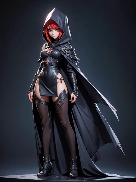 (((masterpiece, best quality, high detailed, 16k))) (1girl) A  and slender assassin with a mysterious aura, concealed under a dark hood. Her sharp, almond-shaped eyes peer out from under the hood, glinting with cunning and precision. She wears sleek high-t...