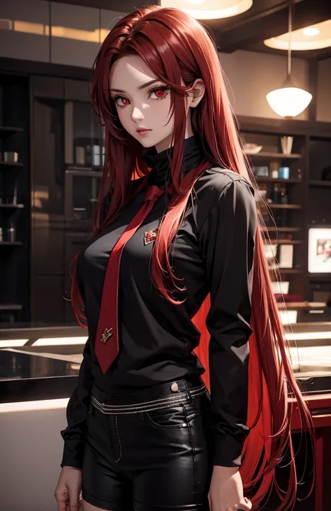 Woman with long hair straight, red hair, high detailed, realistic, ultra realistic, villain, black shirt and short pant, red dragon eyes, ((red pupil eyes))