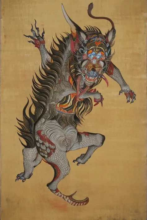 monster, ((jump scares)), warm color of outline, ((festival)), ((choju jinbutsu giga)), ((four ink paintings)), antique, (person...