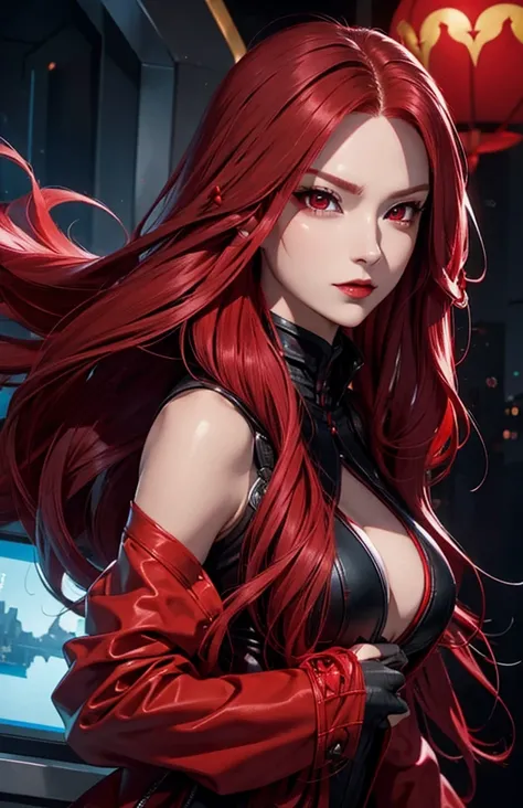 Red dragon woman with long hair straight, red hair colour, high detailed, realistic, ultra realistic, ((super villain)), red eyes, villainous 