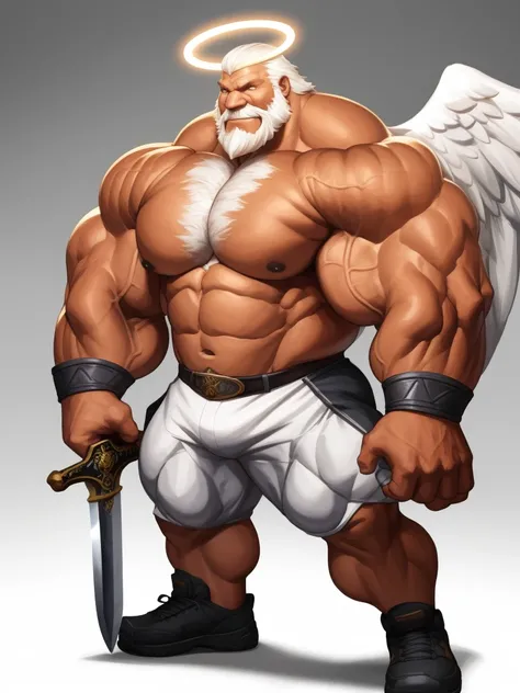 simple background, Solo, 1boy, perfect anatomy, knight, holding sword, sword , perfect proportion, perfect center, sharp eyes, big eyes, peaceful, angel eyes, halo, (smile, happiness), calm, perfect fingers, big hand, fingers. Huge Muscular Old man with sh...