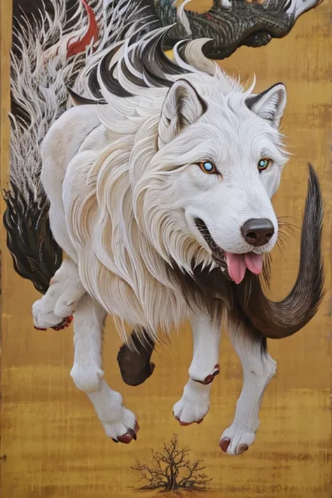 ((White Big Wolf)), ((festival)), ((Choju Jinbutsu Giga)), ((Four ink paintings)), Creepy, (Horror elements), Creepy , (primitive art), old picture scroll style,Ancient mural style
