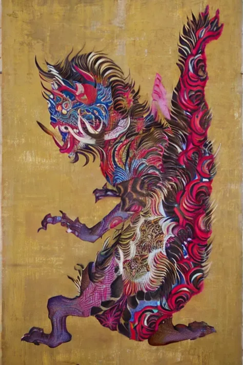 monster, ((jump scares)), warm color of outline, ((festival)), ((choju jinbutsu giga)), ((four ink paintings)), antique, (person...