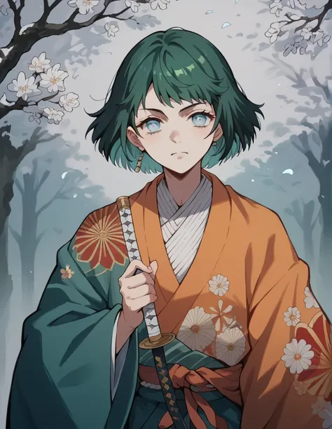 a girl with short blue and green hair, light blue eyes. with a decorated kimono and a white katana