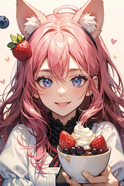 A girl with chocolate pudding or cream piled on top and a pair of dog ears, one of which is floppy. Piled on top is a raspberry, blueberry, a leaf, and a pink strawberry. He has a sideways smile with his tongue sticking out. SPARKLE; GLITTER