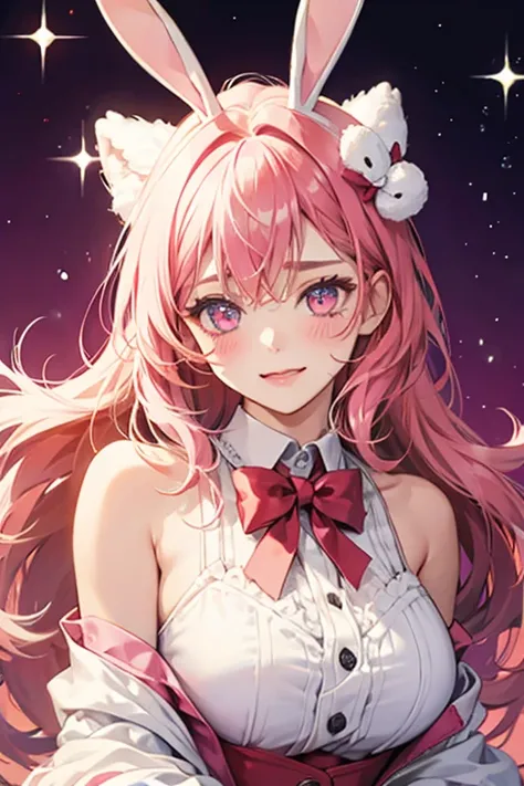 A girl with bubblegum-colored cream piled on top of red raspberries. Her bunny ears are the same color, held with a hot pink bow. She has an excited expression and one eye is shut, and she has very faint blushed cheeks. SPARKLE; GLITTER