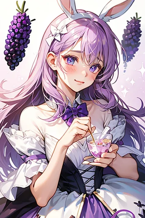 A girl with light purple glittering cream piled on top of purple berries. Her bunny ears are the same color, held with a white bow. She has an excited expression and one eye is shut, and she has very faint blushed cheeks. SPARKLE; GLITTER