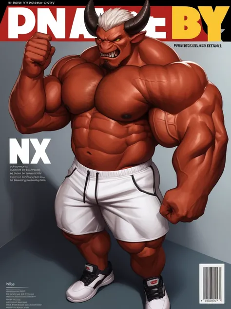 Magazine cover. solo, 1boy, perfect anatomy,devil, drone view, red skin, high shoot, up view, perfect proportion, huge horn, sharp teeth, tusk, sharp eyes, big eyes, angry, devil eyes, horn, devil tail, mad, perfect fingers, big hand, fingers. Huge Muscula...