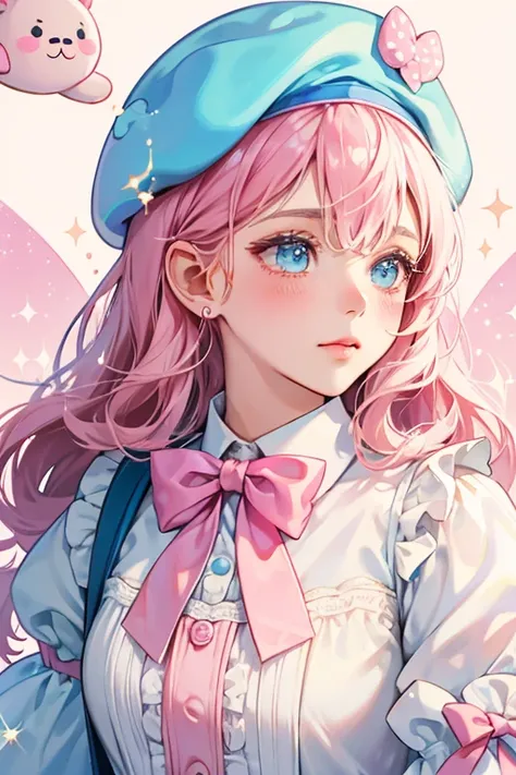 A baked eclair bear with her head covered in vanilla syrup or icing, along with a bubblegum-colored swirling drizzle and a light blue beret. She has no mouth and faint light pink blushed cheeks. She wears a small magenta bow-tie. SPARKLE; GLITTER