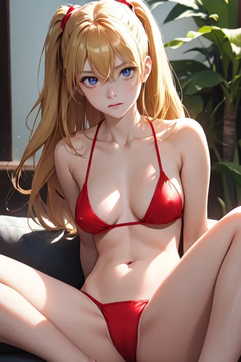 (masterpiece, best quality), 1girl, beautiful face, beautiful body, souryuu_asuka_langley, hair between eyes, solo, bright expression, natural small breast, cleavage, slim, thin, tall, blonde reflected light, red bikini, collarbone, silky shiny skin, see t...