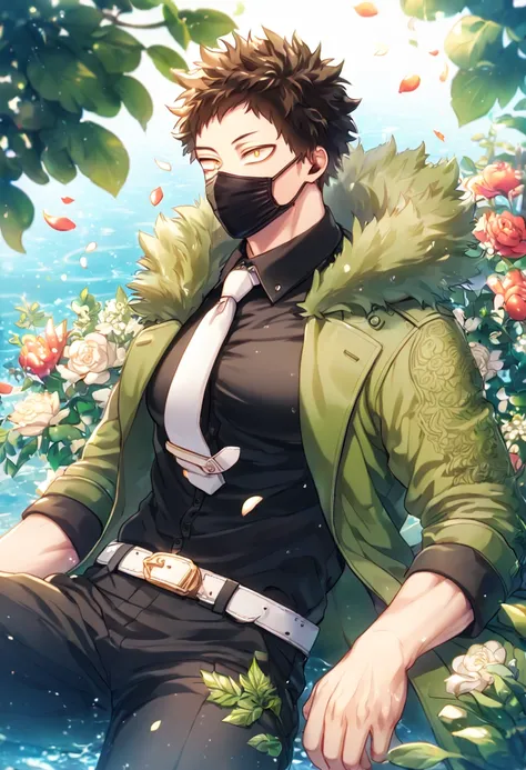 Ultra detailed, HDR, Highres, absurdres, master piece, Overhaul, dark brown hair, short hair, short bangs, expressivee yellow eyes, green coat with a fur collar, black shirt, white necktie, black pants, white belt, Boku No Hero Academia, black surgical mas...