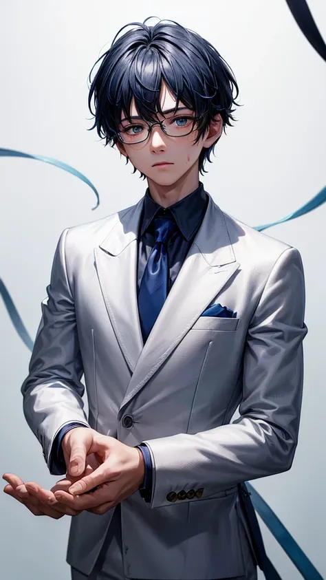 (HD), (ULTRA HD+++),(masterpiece), best quality, {{detailed image}}, {{detailed hand}}, half body potrait, {{18 years old boy with dark blue short hair}}, wear glasses, white eyes mixed with blue, wearing a white suit, hold assault riffle in his hands, blo...