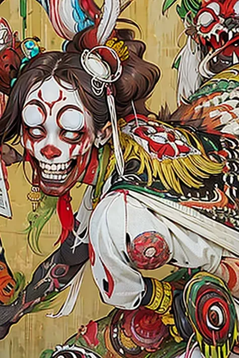 ((high school girl)), ((festival)), ((Choju Jinbutsu Giga)), Creepy, (Horror elements), Creepy , (primitive art), old picture scroll style,Ancient mural style
、Japanese painting