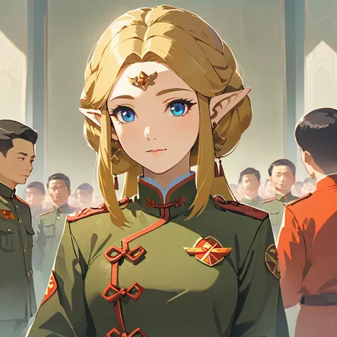 ((Highest quality)), ((masterpiece)), (detailed), （Perfect Face）、The woman is a Chinese Princess Zelda, a blonde Chinese woman with blue eyes who is wearing an engagement ring. She has become a member of the glorious Chinese Communist Party and has sworn a...