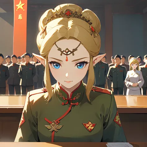 ((Highest quality)), ((masterpiece)), (detailed), （Perfect Face）、The woman is a Chinese Princess Zelda, a blonde Chinese woman with blue eyes who is wearing an engagement ring. She has become a member of the glorious Chinese Communist Party and has sworn a...