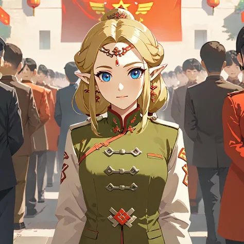 ((Highest quality)), ((masterpiece)), (detailed), （Perfect Face）、The woman is a Chinese Princess Zelda, a blonde Chinese woman with blue eyes who is wearing an engagement ring. She has become a member of the glorious Chinese Communist Party and has sworn a...