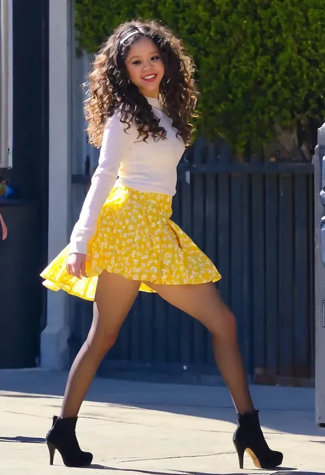 Jenna Ortega, very long puffy curly hair, very tiny miniskirt, pantyhose crotch, candid upskirt, high heels, sun shiny day