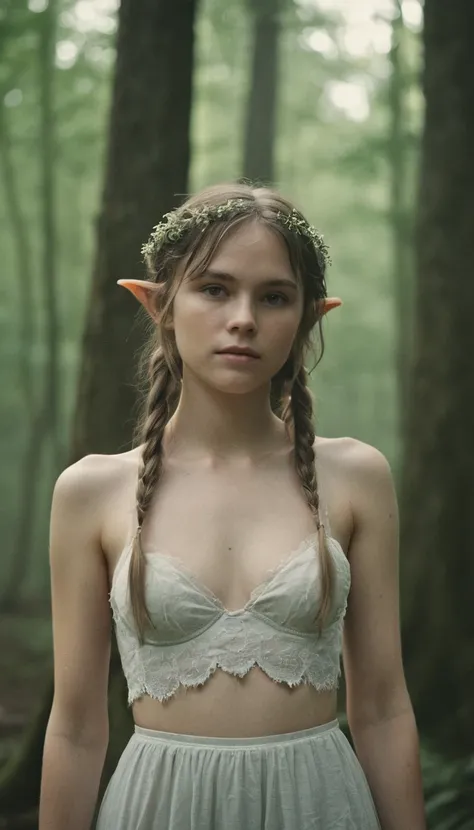 analog film photo, photo of a young elf girl, 18 years-old, elf, elf ears, long pointy ears, messy hair, sun-kissed complexion, goosebumps, pretty, natural beauty, tall, full hourglass figure, wearing a cotton bralette, posing in a misty forest, resembles ...