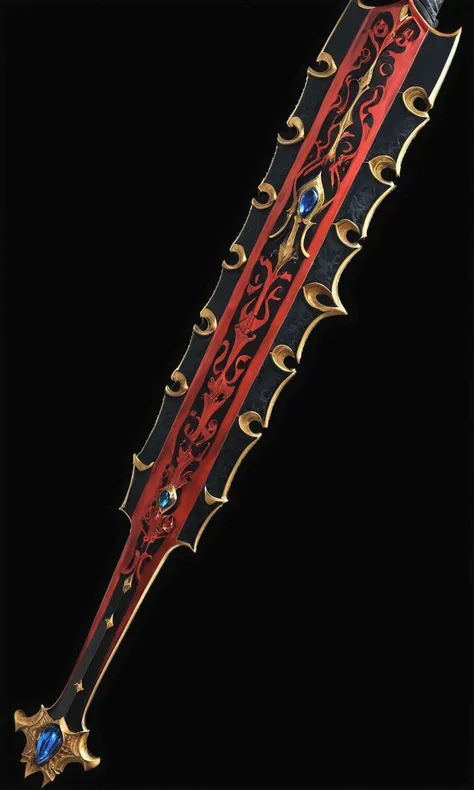 there is a very large red and black sword with a blue stone, black and red fantasy sword, intricate fantasy spear, sword design, beautiful sword, golden art nouveau scythe blade, orkish sword, engraved blade, katana scabbard, dagger, war blade weapon, fant...