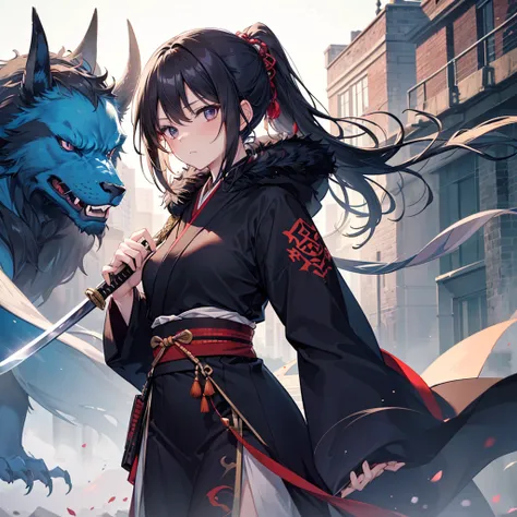 ((masterpiece)), ((One beautiful woman:1.5)),View your viewers,Glare,Delicate expression,Ninja,Black hair in a ponytail,Brown cloak、(With a sword）,Beast Fur,灰色の全身Ninjaの服