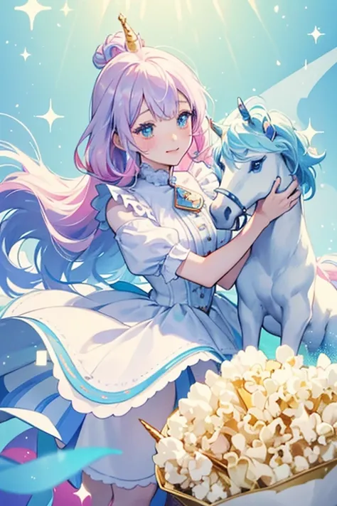 A unicorn num that resembles an azure and white striped, scalloped bag of trio-colored popcorn divided into cherry, yellow, and light blue sections. Her muzzle and ears are white, and she has a gold horn. Her fuzzy extensions are cherry and light blue. She...