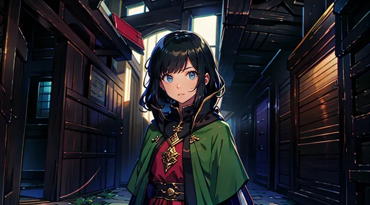 yuichiro hyakuya girl, (WithoutFear:1), 1 girl, black hair, green eyes, brown coat, gray armor, elves, sylvan, green shield, green cloak, dark brown gloves, forest, white fur trim, anime, standing, good quality, portrait, looking at viewer