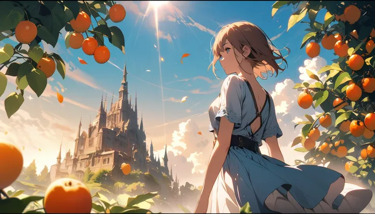 Highly detailed CG Unity 8k wallpaper), Surrounded by fruit，Beautiful young woman in sunny weather, Complete back view,skirt, stand, full_body, dramatic, バックLight, Light, Volumetric Lighting, Simple Background