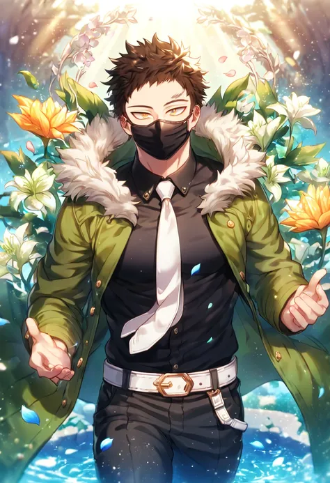 Ultra detailed, HDR, Highres, absurdres, master piece, Overhaul, dark brown hair, short hair, short bangs, expressivee yellow eyes, green coat with a fur collar, black shirt, white necktie, black pants, white belt, Boku No Hero Academia, black surgical mas...