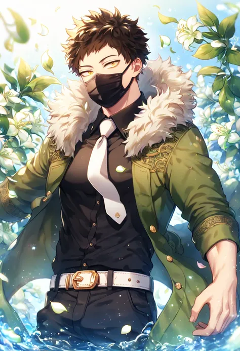 Ultra detailed, HDR, Highres, absurdres, master piece, Overhaul, dark brown hair, short hair, short bangs, expressivee yellow eyes, green coat with a fur collar, black shirt, white necktie, black pants, white belt, Boku No Hero Academia, black surgical mas...