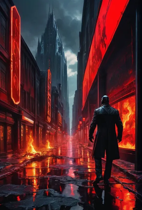 CyberpunkWorld a business executive secretly transferring funds in a corporate fraud scheme, Khorne_World a business executive secretly transferring ls, spikes fire, red glow, red theme (Masterpiece:1.3) (best quality:1.2) (high quality:1.1), Ultra-Wide an...