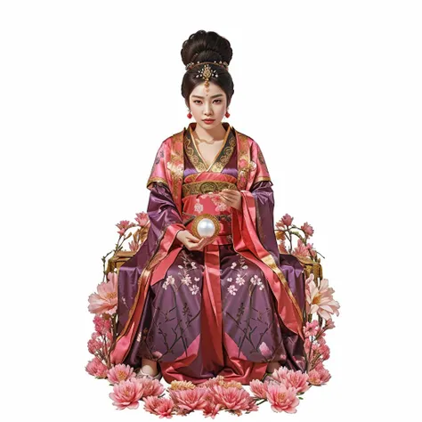 a chinese lady in ancient costume, empress robe, holding a pearl, holy female deity, surrounded by pink flowers