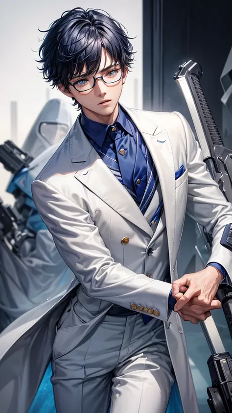 (HD), (ULTRA HD+++),(masterpiece), best quality, {{detailed image}}, half image, {{18 years old boy with dark blue short hair}}, wear glasses, white eyes mixed with blue, wearing a white suit, hold a assault riffle in his hands, blood stains on his face an...