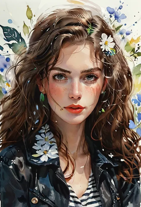 watercolor illustration, centered art. The image features a charming russian woman with long, curly brown hair blowing in the wind, she is in a cartoon style, looking at the camera. She is dressed in a black jacket and floral skirt, with a striped blouse u...