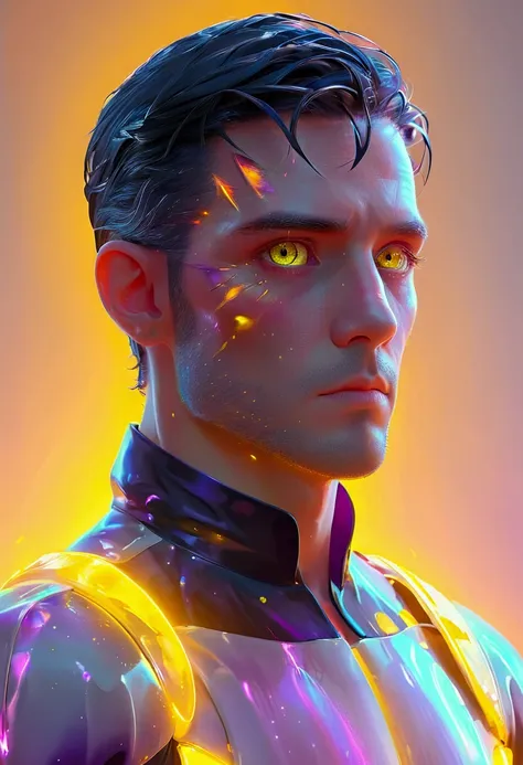 3d black purple gradient man,glowing yellow eyes concept art character, 8k trending on artstation, looking by his side not strai...