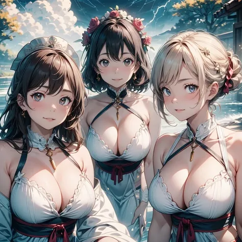 Highest quality, Super detailed, (Ultra-high resolution,8k), Ultra-high definition 4K, (Three pure married shrine maidens), (In a ring), (High-quality facial beauty), (In the Storm:1.2), (Photorealistic), (Detailed big breasts), Soft Skin, Glowing Skin, Br...