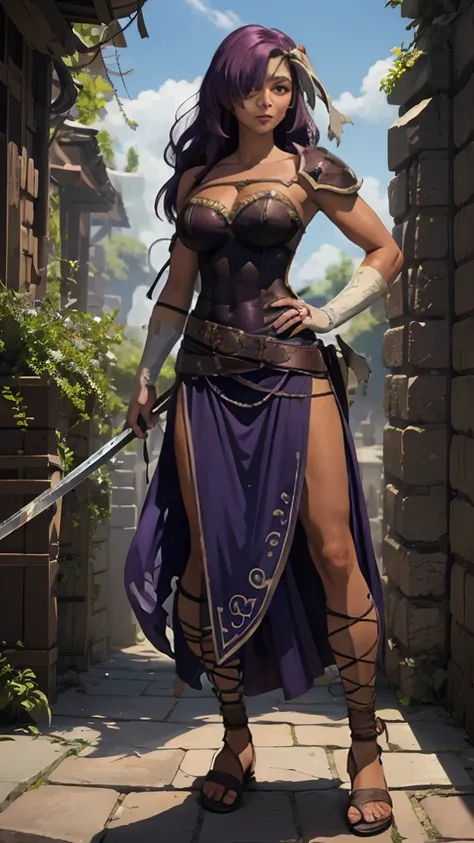 ((Full body photo, standing, feet on the floor)) masterpiece, best quality, feMalice, purple hair, brown eyes, headband, eyepatch, single shoulder pad, ribbon, cleavage, vambraces, brown dress, belt, toned body, sandals, standing, holding weapon, swordands...