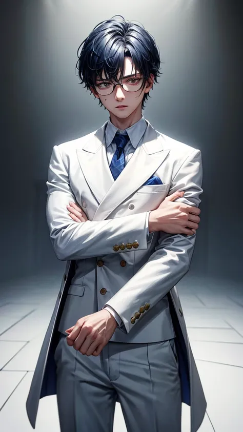 (HD), (ULTRA HD+++),(masterpiece), best quality, {{detailed image}}, half image, {{18 years old boy with dark blue short hair}}, wear glasses, white eyes mixed with blue, wearing a white suit with blood stains, hold a assault riffle in his hands, blood in ...