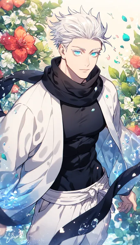 Ultra detailed, HDR, Highres, absurdres, master piece, Gojou Satoru, white hair with bangs, slicked back hair, white eyelashes, expressive blue eyes, black scarf, black tight shirt, white haori, white baggy pants, Jujutsu Kaisen, sexy man, handsome, flower...