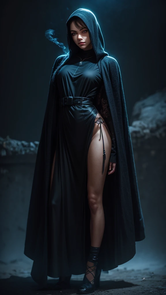 Blue smoke background, (Stand full body to take pictures:1.5), the golden ratio, [(Black fog black smoke composed of the body:1.5), (+perfect hand+:1.21), (Ancient European Assassins, Full body black hooded robe, masked, (((+++Black fog and body Interweave...