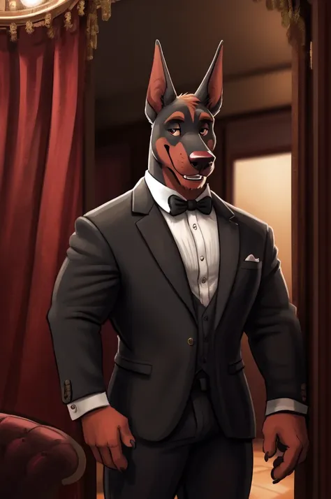 highest res, doberman, anthro, 4 fingers, most realistic detailed accurate blurred background, middle aged mature male in early ...