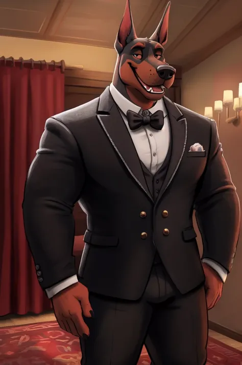 highest res, doberman, anthro, 4 fingers, most realistic detailed accurate blurred background, middle aged mature male in early 50s, muscular, musclar anthro, muscular male, tail, standing in most realistic detailed most luxurious fancy modern penthouse su...