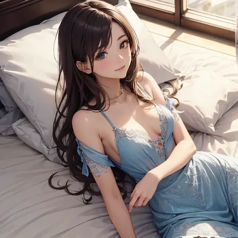 (One Girl:1.3), Cinematic Light,  (masterpiece, Highest quality, Highest quality, Official Art, beautifully、beautiful:1.3), Very detailed,Most detailed,(Very detailed),((Very delicate and beautiful)), 
From above,(( Lying in bed)), 
alone, chest, Silky lon...