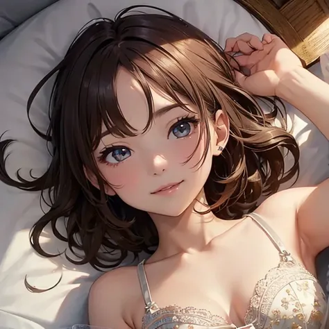 (One Girl:1.3), Cinematic Light,  (masterpiece, Highest quality, Highest quality, Official Art, beautifully、beautiful:1.3), Very detailed,Most detailed,(Very detailed),((Very delicate and beautiful)), 
From above,(( Lying in bed)), 
alone, chest, Silky lon...