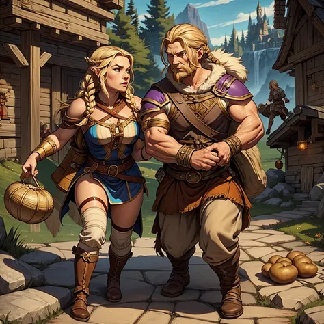 Muscular viking woman with blonde braided hair dressed in fur/pelts with a female halfling with short brown hair on her shoulders. A sack with potatoes falling on the ground beside them. Dungeons and dragons characters. Fantasy.