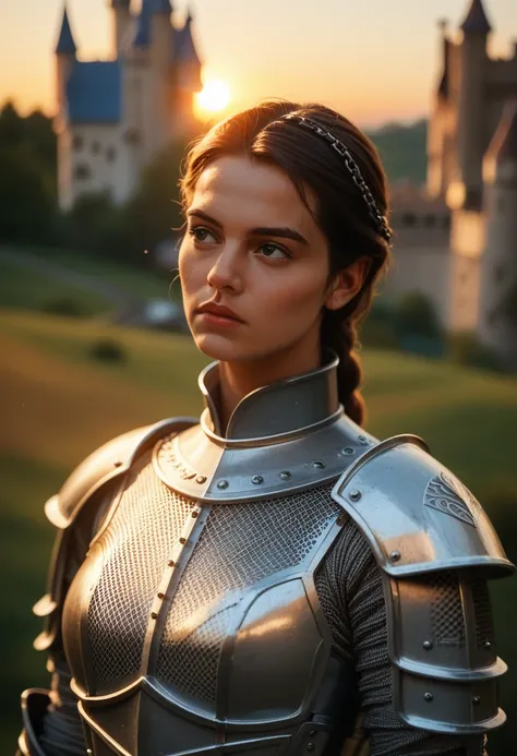 (work of art), (extremely complex:1.3), (realisitic), portrait of a , the most beautiful in the world, (medieval armor), metallic reflections, trunk, plein-air, Strong Sunlight, far away castle, professional photography of a stunning woman detailed, sharp ...